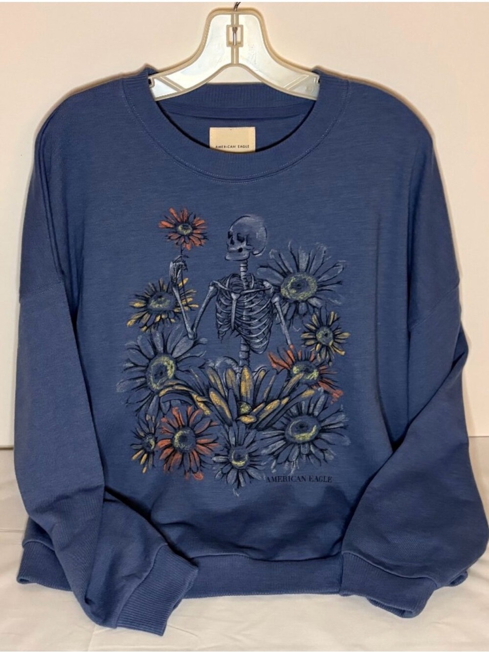 American Eagle Blue Graphic Halloween Skeleton Floral Sweatshirt Sweater L